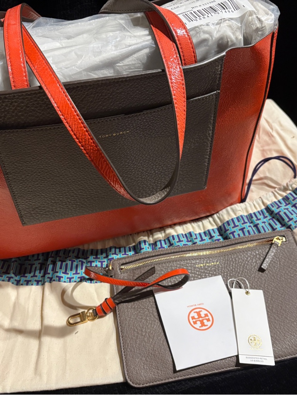 Tory Burch Two-Tone Orange and Brown Leather Tote with Wristlet